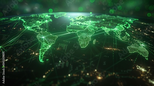 World map animated with connections between nations through neon green light beams representing shared knowledge