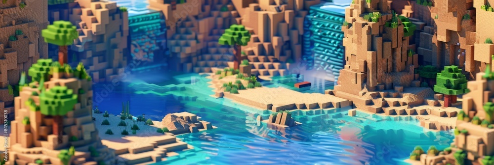 Obraz premium Pixel Art Landscape With Lake, Green Trees, Rocky Cliffs in Blocky Digital Style