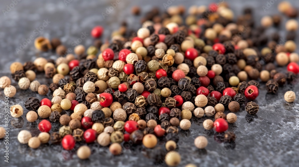 Spilled Peppercorns on Grey Granite Surface Spilled Peppercorns on Grey Granite Surface