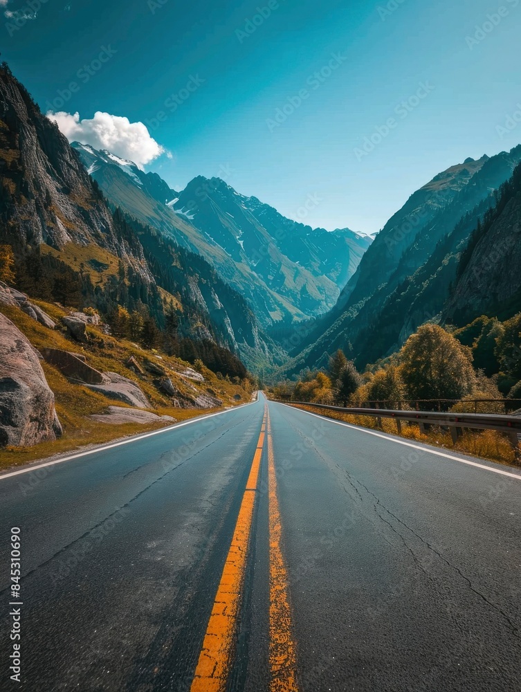 Naklejka premium Empty highway between mountain peaks, clear sunny day, incredible nature, bright saturated colors