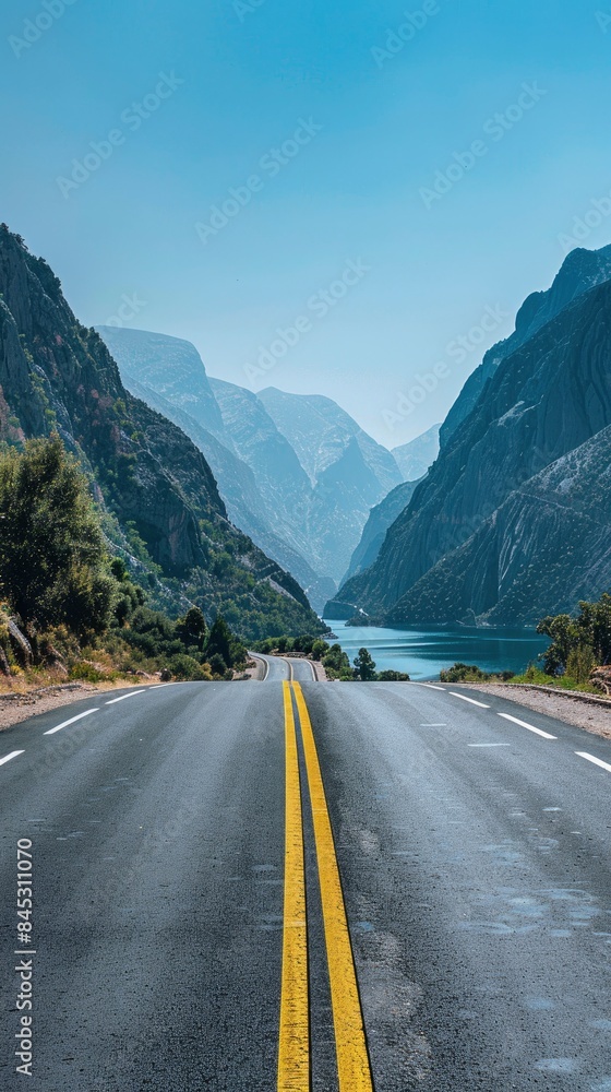 Naklejka premium Empty highway between mountain peaks, lake in the gorge, clear sunny day, incredible nature, bright saturated colors