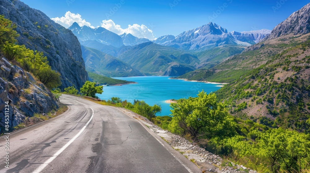 Empty highway between mountain peaks, lake in the gorge, clear sunny day, incredible nature, bright saturated colors Empty highway between mountain peaks, lake in the gorge, clear sunny day, incredible nature, bright saturated colors