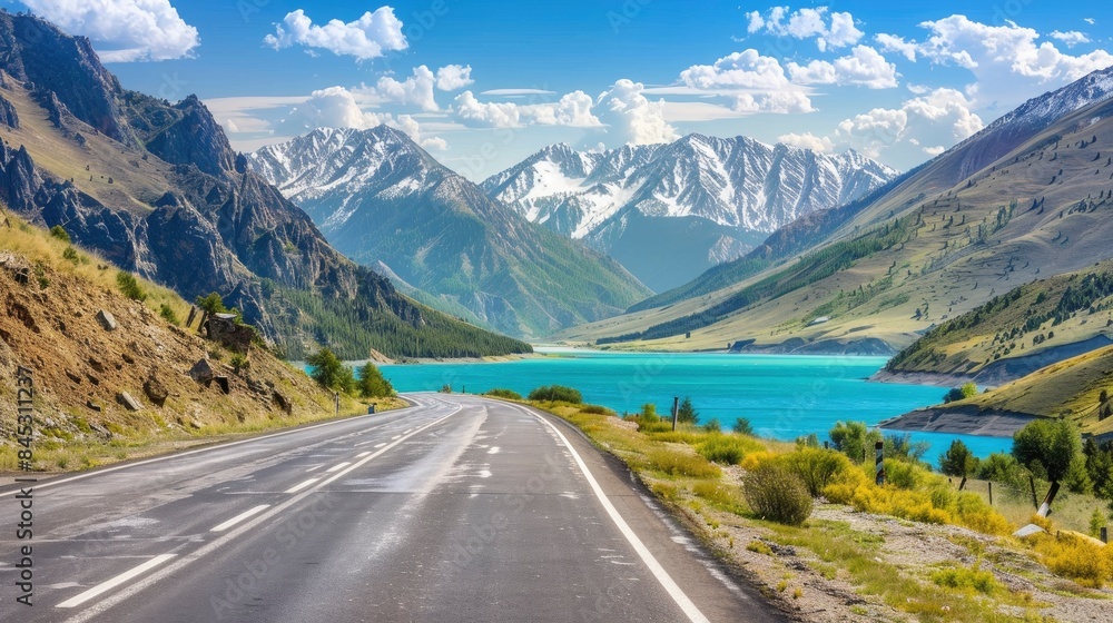Fototapeta premium Empty highway between mountain peaks, lake in the gorge, clear sunny day, incredible nature, bright saturated colors