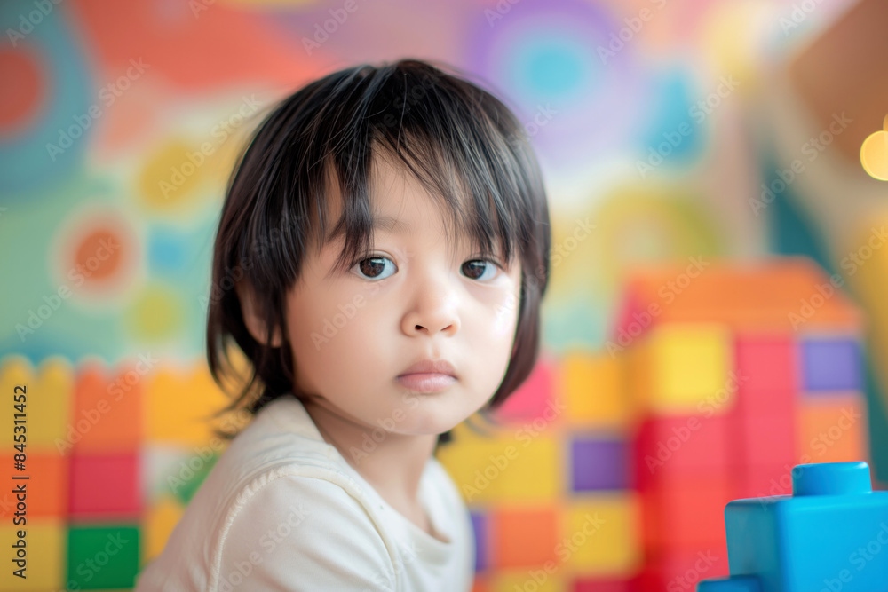 Young girl with dark hair playing with large colorful building blocks in a vibrant playroom, looking curious and focused.. Young girl with dark hair playing with large colorful building blocks in a vibrant playroom, looking curious and focused..
