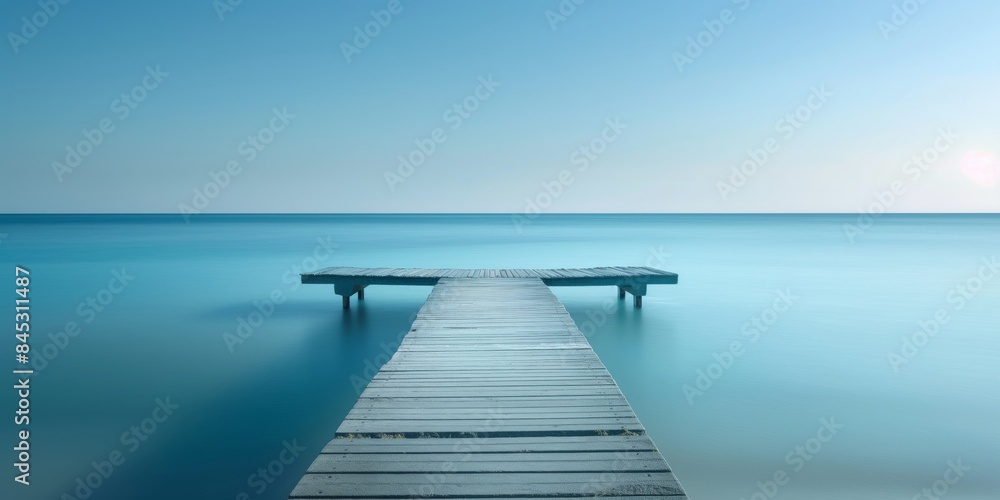 A serene photograph of a wooden dock extending into a peaceful blue sea, capturing the tranquility of the waters and the infinity of the horizon on a clear day. A serene photograph of a wooden dock extending into a peaceful blue sea, capturing the tranquility of the waters and the infinity of the horizon on a clear day.