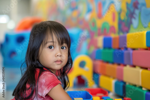 Dark-haired girl playing with large colorful building blocks in a playroom, looking back over her shoulder with a serious expression..