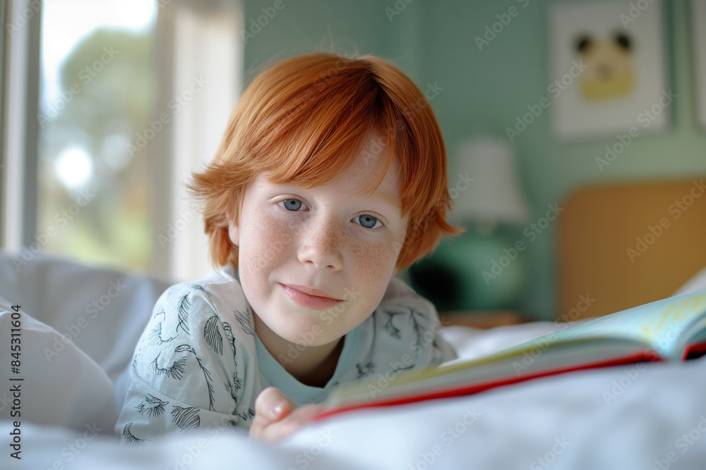 Red-haired boy lying on a bed, smiling, holding a book in his hands, with a soft-focused background featuring a lamp and a picture on the wall.. Red-haired boy lying on a bed, smiling, holding a book in his hands, with a soft-focused background featuring a lamp and a picture on the wall..