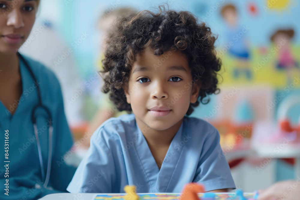 Curly-haired boy in a hospital setting, wearing blue scrubs, sitting at a table with a board game, looking at the camera with a soft-focused background.. Curly-haired boy in a hospital setting, wearing blue scrubs, sitting at a table with a board game, looking at the camera with a soft-focused background..
