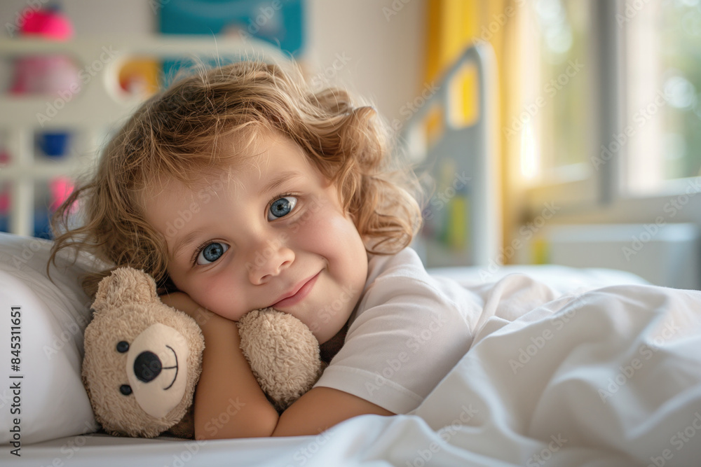 Blonde-haired girl lying in bed, smiling, holding a teddy bear, with a soft-focused background featuring colorful decor.. Blonde-haired girl lying in bed, smiling, holding a teddy bear, with a soft-focused background featuring colorful decor..