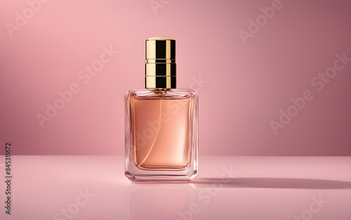 Perfume bottle on light pink background, soft diffused lighting, beauty products for women