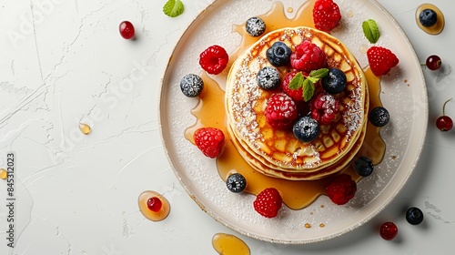 Stack of tasty pancakes with chocolate spread and berries on white photo