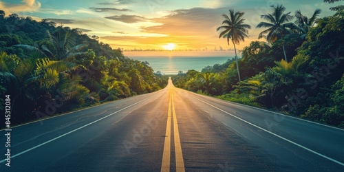 Fototapeta Naklejka Na Ścianę i Meble -  Empty highway, dense tropical forest on one side of the road and sea coast on the other, , sky illuminated by the sun's rays at sunset, incredible nature