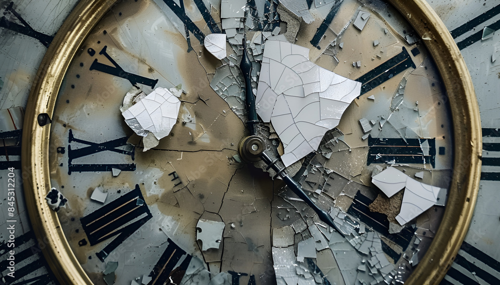 Obraz premium Shattered vintage clock depicting time destruction