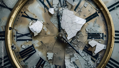 Shattered vintage clock depicting time destruction