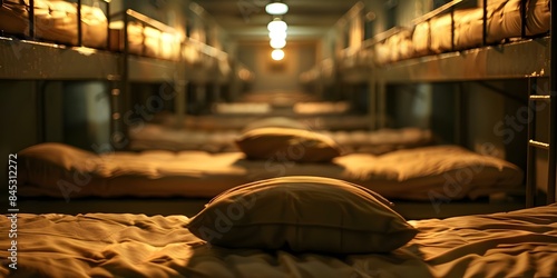 Beds in a military sleeping quarters. Concept Military Barracks, Organization, Bunk Beds, Personal Belongings, Regimented Routine photo