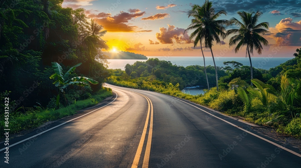 Empty highway, dense tropical forest on one side of the road and sea coast on the other, , sky illuminated by the sun's rays at sunset, incredible nature Empty highway, dense tropical forest on one side of the road and sea coast on the other, , sky illuminated by the sun's rays at sunset, incredible nature