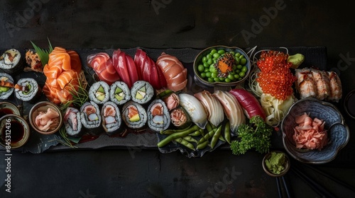 Elegant sushi platter with vibrant colors and diverse selection. Freshly made sushi rolls, sashimi, and garnishes displayed on a dark background. Perfect for Japanese cuisine,