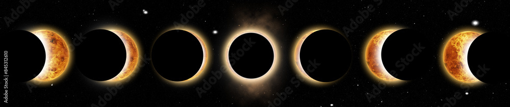 Fototapeta premium Universe, solar system with moon in eclipse stages on dark sky, stars and sun with natural light. Galaxy, world and discover to explore on outer space or cosmic elements, planet systems for science