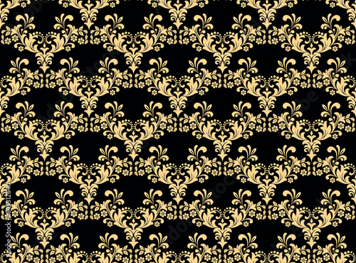 Wallpaper in the style of Baroque. Seamless vector background. Golden and black floral ornament. Graphic pattern for fabric, wallpaper, packaging. Ornate Damask flower ornament