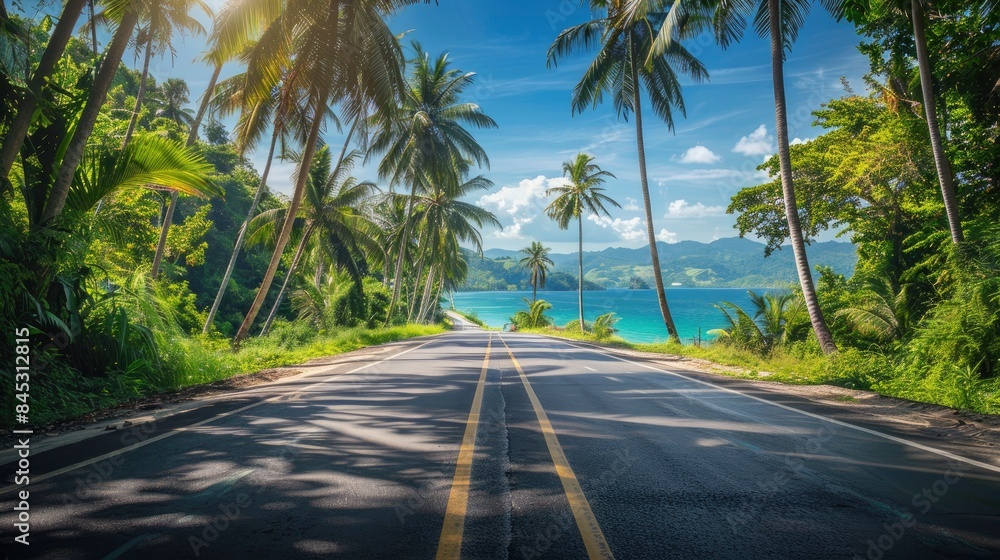 Empty highway, dense tropical forest on one side of the road and sea coast on the other, blue water, clear sunny day, bright rays, incredible nature Empty highway, dense tropical forest on one side of the road and sea coast on the other, blue water, clear sunny day, bright rays, incredible nature