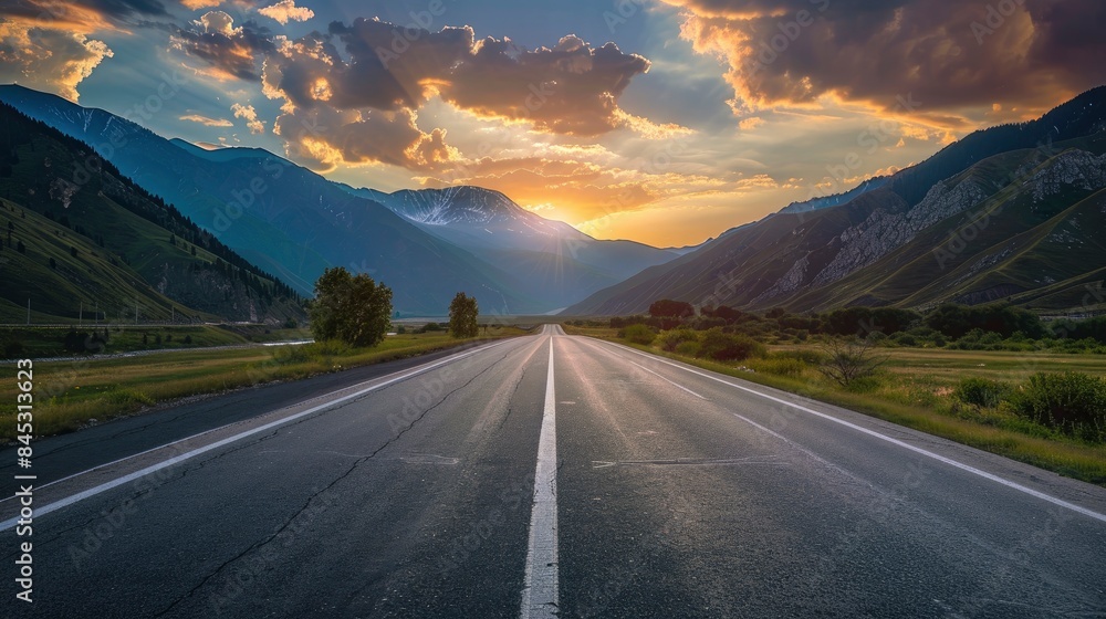 Empty highway in the beautiful mountains, sky illuminated by the sun's rays at sunset, incredible nature, bright saturated colors Empty highway in the beautiful mountains, sky illuminated by the sun's rays at sunset, incredible nature, bright saturated colors