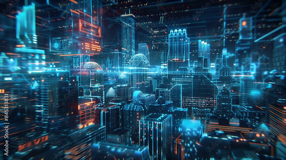 Design a dynamic advertising background featuring a futuristic cityscape enhanced with augmented reality elements. Include interactive digital components like floating ads and holographic interfaces