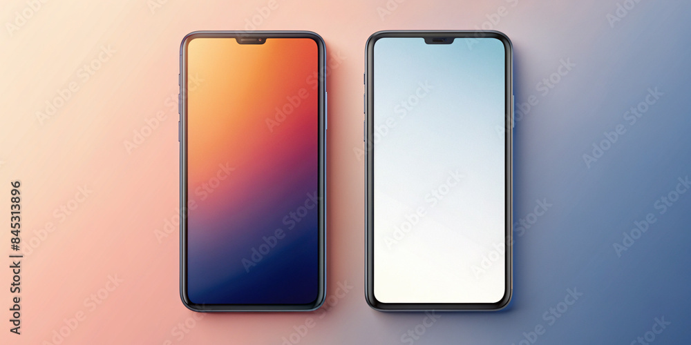 Mockup of modern smartphones with blank screens, placed next to each other on turquoise background. The design is clean and minimalistic, emphasizing the elegant design Mockup of modern smartphones with blank screens, placed next to each other on turquoise background. The design is clean and minimalistic, emphasizing the elegant design