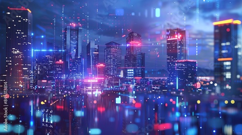 Wallpaper Mural Design a dynamic advertising background featuring a futuristic cityscape enhanced with augmented reality elements. Include interactive digital components like floating ads and holographic interfaces Torontodigital.ca