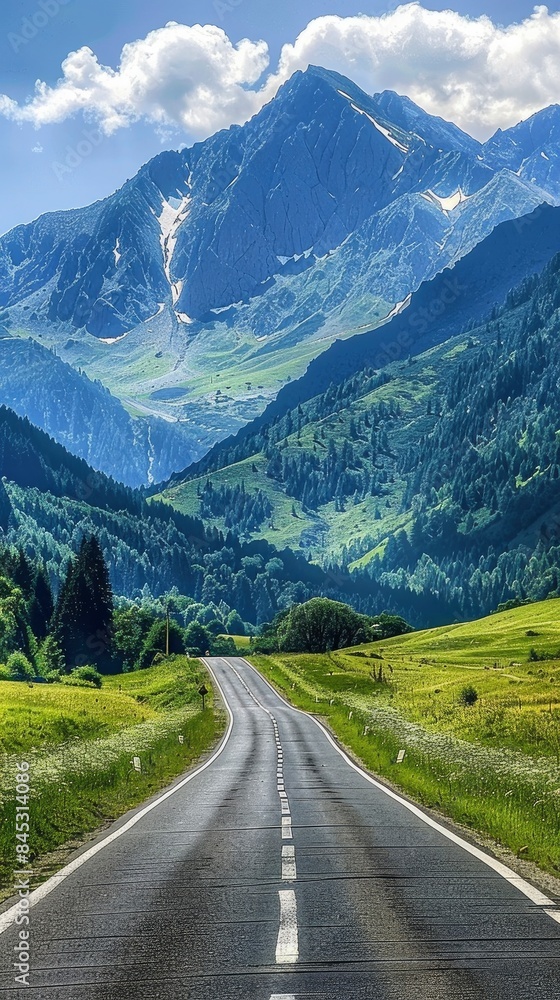 Empty highway in the middle of blooming meadows, steep mountain peaks in the background, clear sunny day, bright rays, incredible nature Empty highway in the middle of blooming meadows, steep mountain peaks in the background, clear sunny day, bright rays, incredible nature