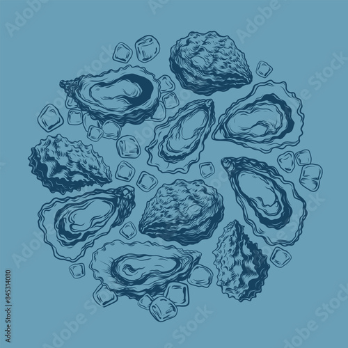 Circle frame from open and closed oysters. Seashells hand drawn vector colorful etching sketch isolated on background. Template label, layout design for menu, oysters farm, seafood market, restaurant