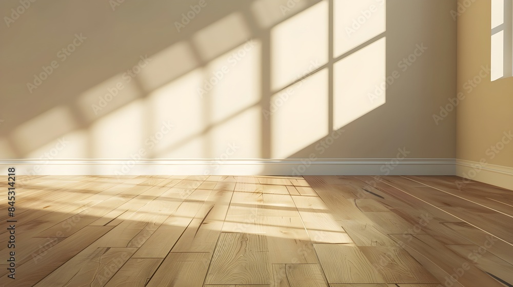 A spacious empty room with a wooden floor and soft sunlight casting shadows on beige walls A spacious empty room with a wooden floor and soft sunlight casting shadows on beige walls