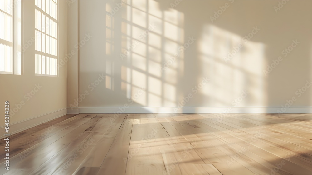 A spacious empty room with a wooden floor and soft sunlight casting shadows on beige walls A spacious empty room with a wooden floor and soft sunlight casting shadows on beige walls