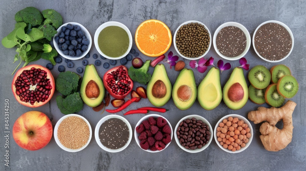 Healthy food ingredients laid out neatly on a grey surface. Includes various fruits, vegetables, seeds, and nuts. Perfect for illustrating a healthy lifestyle, diet plans, or cooking ideas. AI Healthy food ingredients laid out neatly on a grey surface. Includes various fruits, vegetables, seeds, and nuts. Perfect for illustrating a healthy lifestyle, diet plans, or cooking ideas. AI