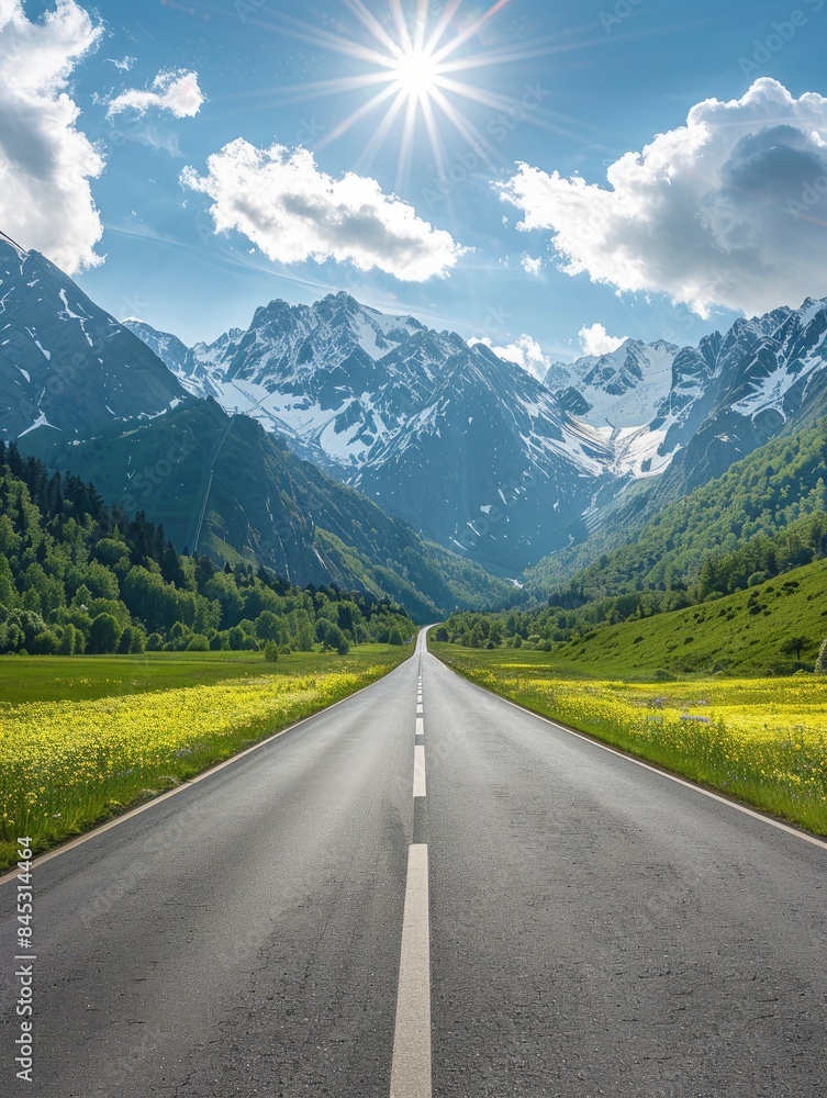 Empty highway in the middle of flowering meadows, steep mountain peaks in the background, clear sunny day, bright rays, incredible nature Empty highway in the middle of flowering meadows, steep mountain peaks in the background, clear sunny day, bright rays, incredible nature