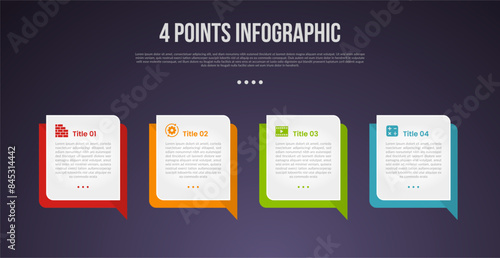 4 points or step process infographic with callout box square on horizontal direction with modern dark style for slide presentation