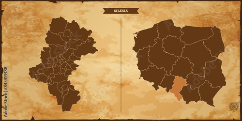 Silesia state map, Poland map with federal states in A vintage map based background, Political Poland Map