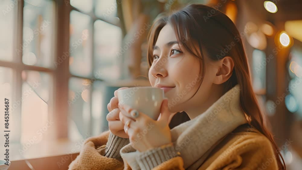 Woman Enjoying Hot Beverage in Cozy Cafe with Ai generated.
