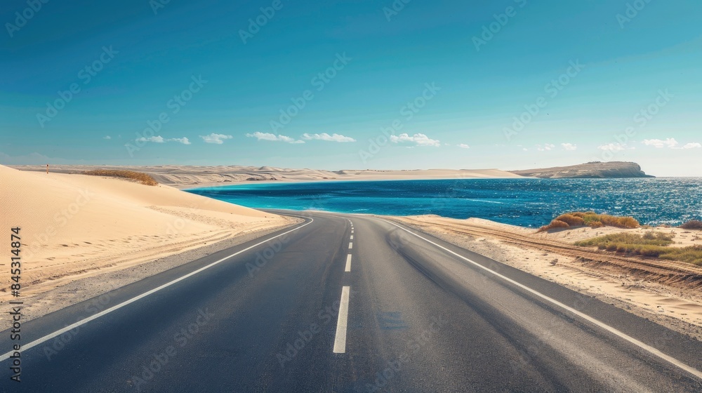 Empty highway on the background of huge sand dunes and sea coast on one side of the road, blue water, clear sunny day, bright rays, incredible nature Empty highway on the background of huge sand dunes and sea coast on one side of the road, blue water, clear sunny day, bright rays, incredible nature