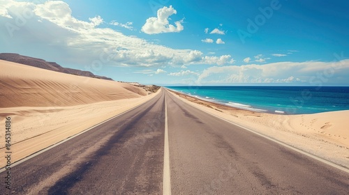 Empty highway on the background of huge sand dunes and sea coast on one side of the road, blue water, clear sunny day, bright rays, incredible nature