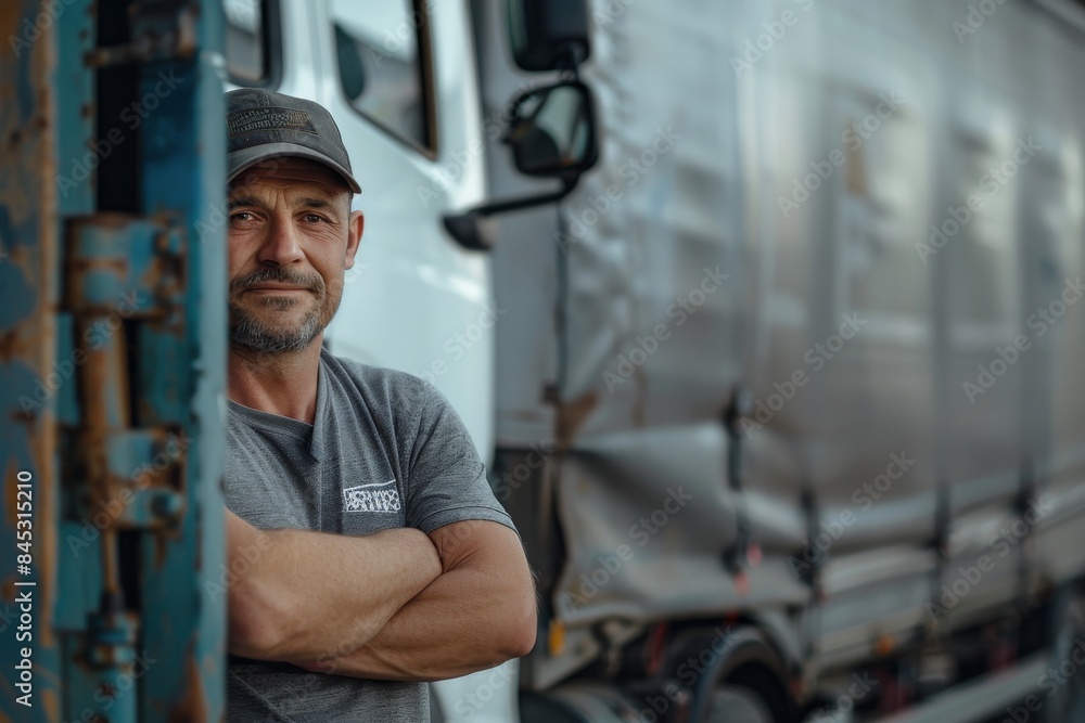 Portrait of a happy truck driver standing with his arms crossed in front of his white lorry and looking at the camera, wearing casual work clothing Portrait of a happy truck driver standing with his arms crossed in front of his white lorry and looking at the camera, wearing casual work clothing
