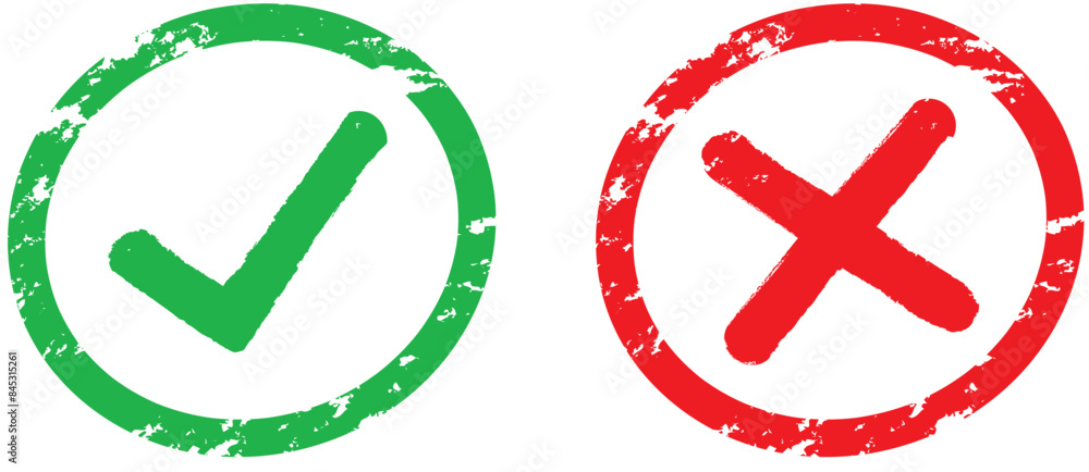 Symboles de questionnaire et de sondage : correct et incorrect, cochés validé et refusé, coche cases vrai et faux - Symbole validé usée tampon encreur 1- Illustrations vectorielles.