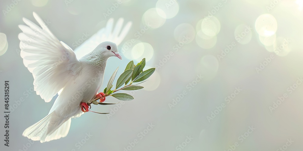 Fototapeta premium A white dove soars gracefully with an olive branch in its beak against a soft background, symbolizing peace, hope, and purity in a visually serene and harmonious scene.