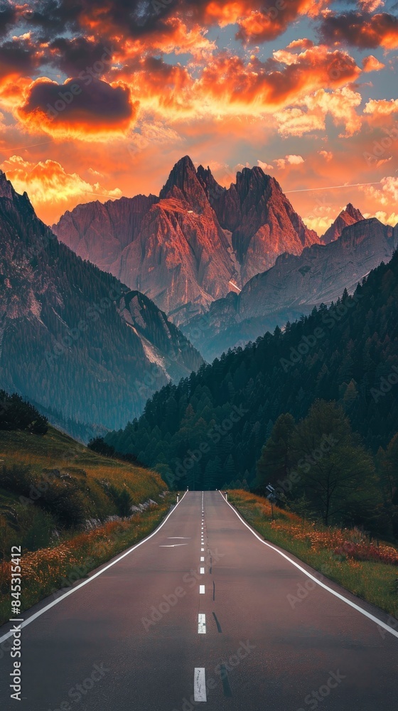 Empty highway on the background of mountain peaks in the Italian Alps, sky illuminated by the sun rays at sunset, incredible nature
