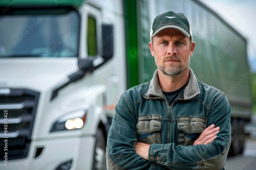 Portrait of a happy truck driver standing with his arms crossed in front of his white lorry and looking at the camera, wearing casual work clothing Portrait of a happy truck driver standing with his arms crossed in front of his white lorry and looking at the camera, wearing casual work clothing