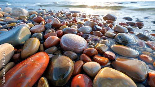 A collection of smooth wet pebbles in multiple colors, spread across the beach of Lake Superior's Agawa Bay, glistening under the sunlight. 32k, full ultra HD, high resolution photo