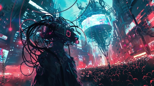 A cyberpunk musician, wires and lights entwined, unleashes a sonic assault on an enraptured crowd photo