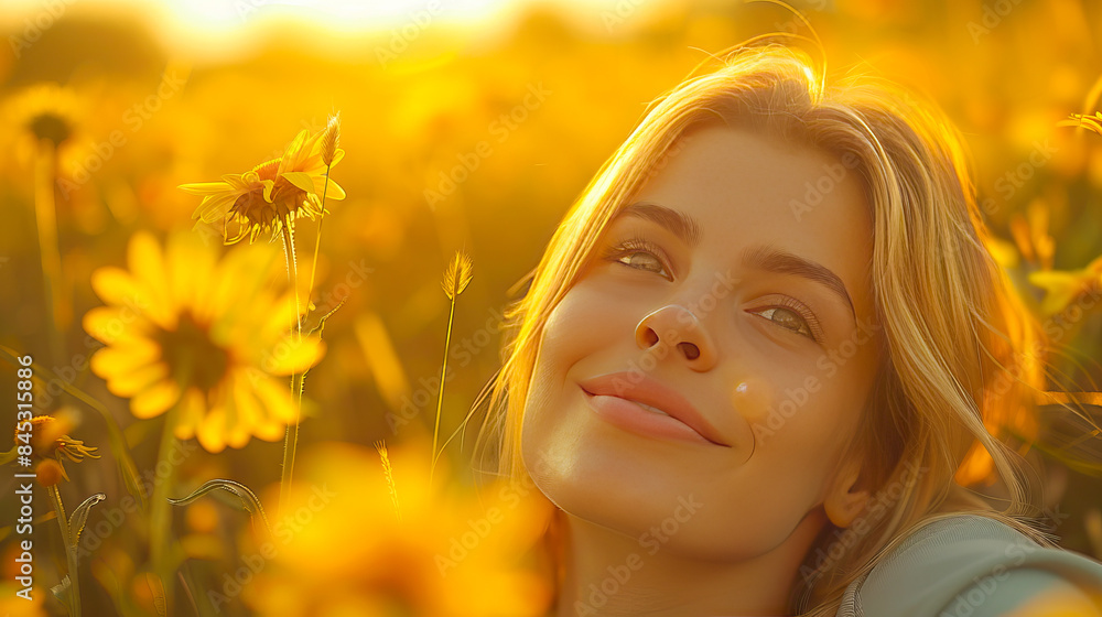 Fototapeta premium Young woman is lying in a field of sunflowers enjoying the sunset light