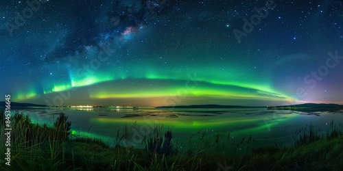 Incredible aurora borealis in night sky full of bright stars, long exposure photo, beautiful landscape