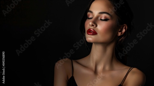 Intricate sensual woman model with beautiful facial features poses on a black background, half body photo, space for text
