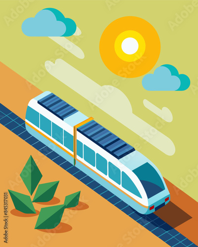 The innovative train travels along the coast its solar panels soaking up the suns energy and powering the train smoothly along the tracks.. Vector illustration